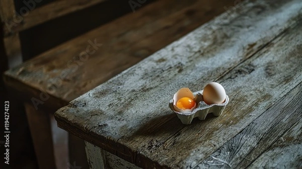 Obraz Empty egg carton on rustic wooden table with cracked eggshell, symbolizing food scarcity and supply chain challenges in modern agriculture and economy.