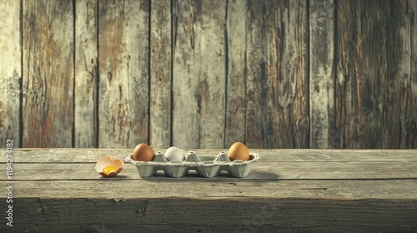Obraz Empty egg carton on rustic wooden table with cracked eggshell, symbolizing food scarcity and supply chain challenges in modern agriculture and economy.