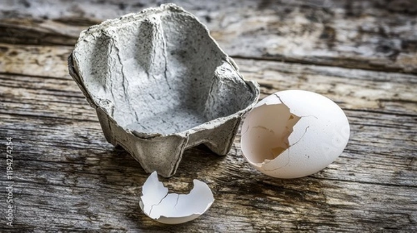 Obraz Empty egg carton on rustic wooden table with cracked eggshell, symbolizing food scarcity and supply chain challenges in modern agriculture and economy.