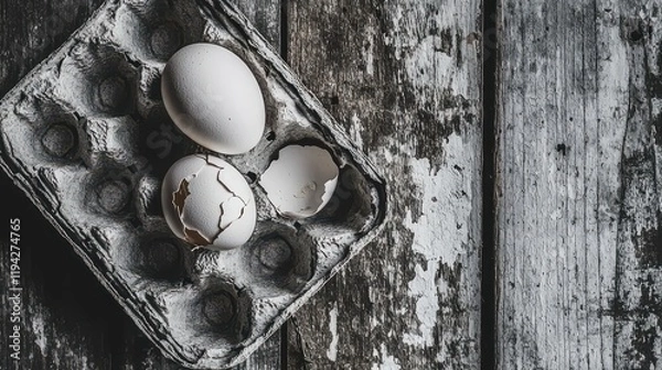 Obraz Empty egg carton on rustic wooden table with cracked eggshell, symbolizing food scarcity and supply chain challenges in modern agriculture and economy.