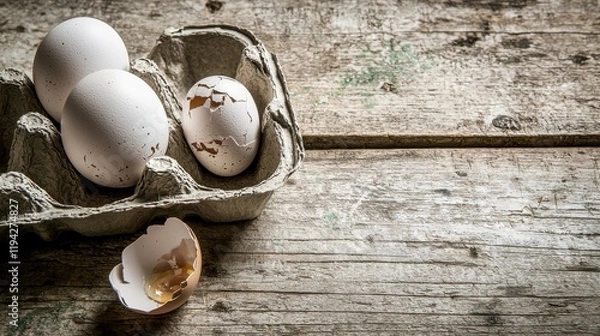 Obraz Empty egg carton on rustic wooden table with cracked eggshell, symbolizing food scarcity and supply chain challenges in modern agriculture and economy.