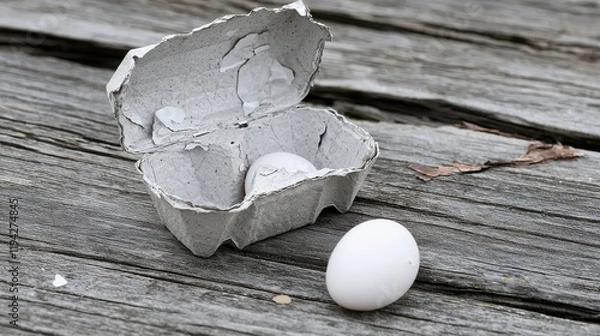 Obraz Empty egg carton on rustic wooden table with cracked eggshell, symbolizing food scarcity and supply chain challenges in modern agriculture and economy.
