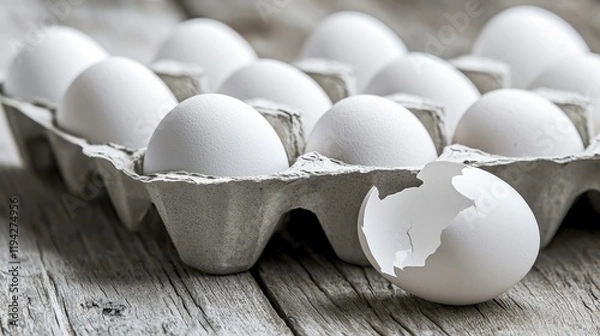 Obraz Empty egg carton on rustic wooden table with cracked eggshell, symbolizing food scarcity and supply chain challenges in modern agriculture and economy.