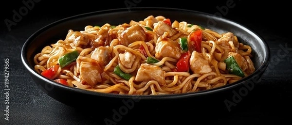 Obraz Stirfried noodles with chicken and vegetables, vibrant and appetizing, dark background
