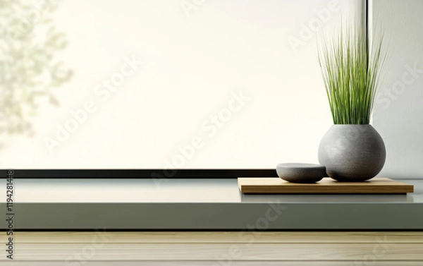 Fototapeta Modern interior design featuring a potted plant on a minimalist tabletop in natural light