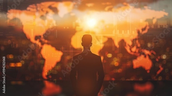 Obraz Silhouette of businessman looking at glowing world map during sunset, symbolizing global business opportunities and connections