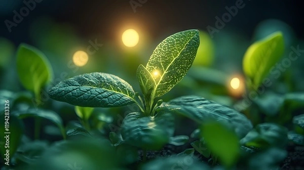 Obraz Close-up of AI sensors attached to plants, collecting real-time agricultural data