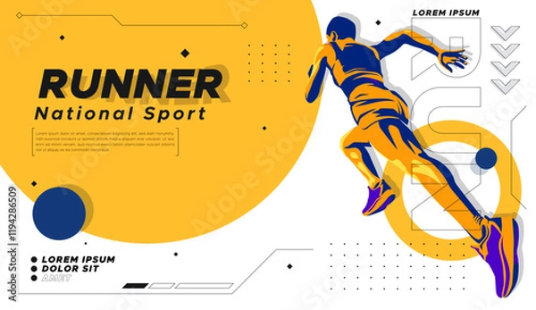 Fototapeta illustration of the silhouette of a sprint athlete. runner athlete with stylized flash of color on white background and geometric ornament. National sports day celebration concept