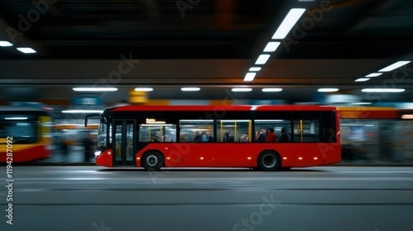 Obraz Red city bus in motion at a busy transit station with passengers boarding and alighting