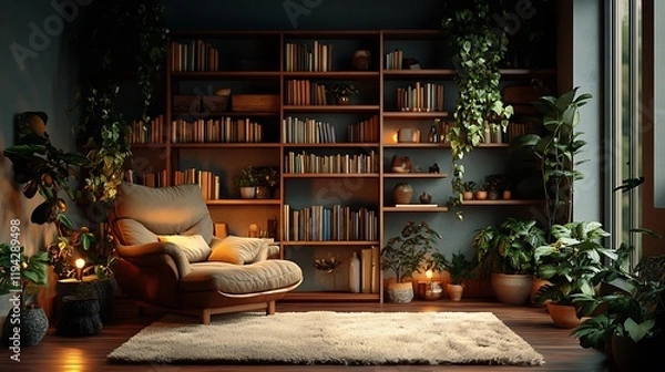 Fototapeta A cozy home studio with a soft beige rug, warm wooden furniture, and a plush armchair next to a bookshelf filled with books and plants. Dim, warm lighting creates a welcoming atmosphere, hd quality,