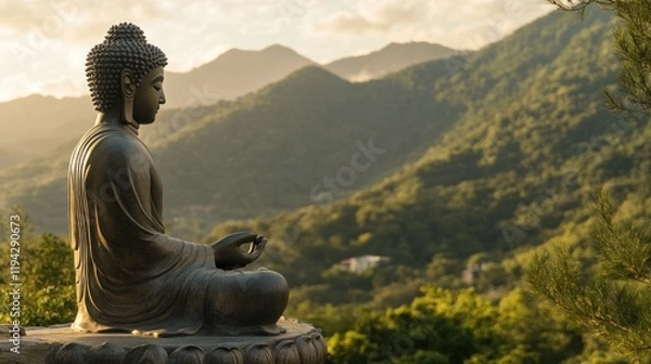 Fototapeta Serene Buddha Statue overlooking Mountains at Sunset