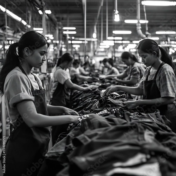 Fototapeta Factory workers diligently assembling products on production line