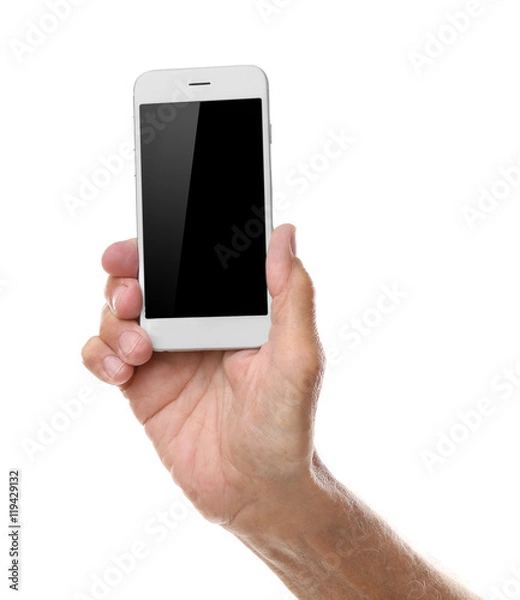 Fototapeta Old man holding smartphone on a white background