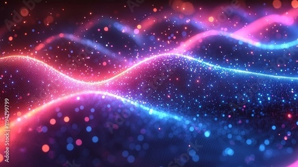 Fototapeta Abstract pink blue energy waves, glowing particles background. Use website header, video game background