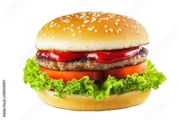 Fototapeta Juicy burger studio shot, white background, food photography, menu use