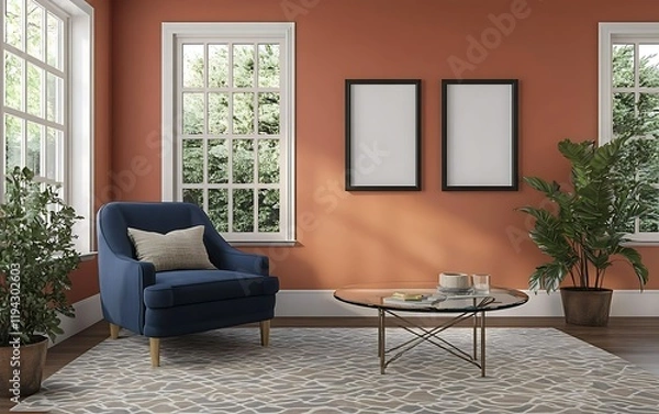 Fototapeta Cozy terracotta room, armchair, coffee table, plants, sunlight. Interior design mockup