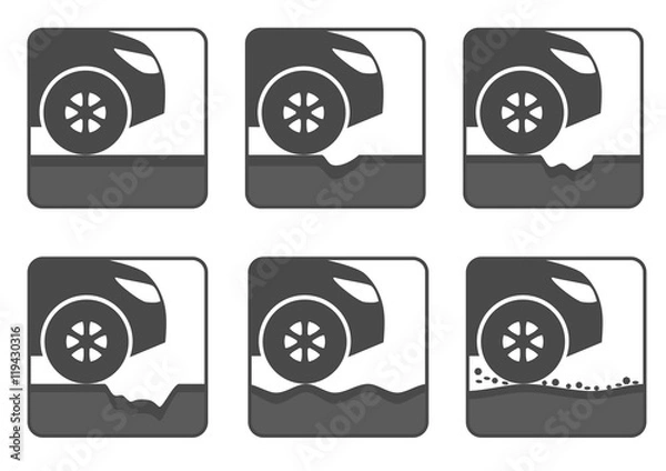 Obraz Vector icon set of bad road. Different dangers and troubles on the way: hole, crack, waves or pit on asphalt, stones. Isolated, black and white.
