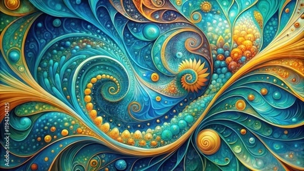 Fototapeta Abstract Swirling Ocean and Golden Hues A Symphony of Curving Lines, Intricate Details, and Vibrant Color Combinations in a Whimsical, Artistic Design