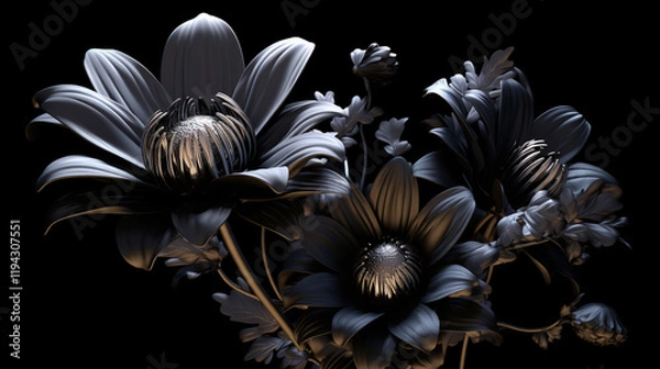 Fototapeta Set of black flowers on isolated background black flowers ornament on dark background gothic style

