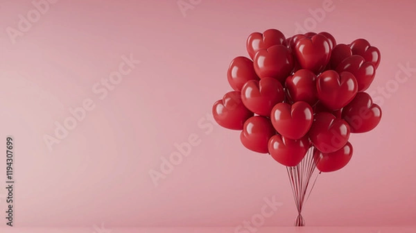 Fototapeta bouquet de ballons à l'hélium, en formes de cœurs roses et rouges, en train de voler sur un fond rose 