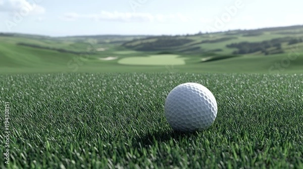 Fototapeta Close-Up of Golf Ball on Pristine Fairway with Rolling Hills in the Background - Ideal for Sports and Recreation Themes