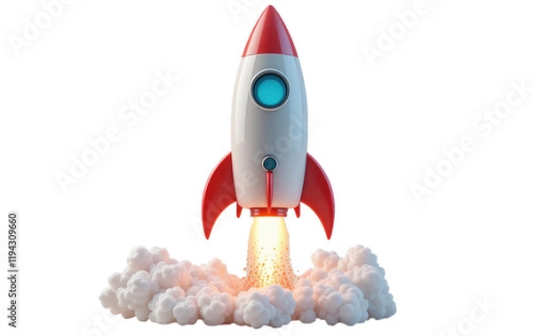 Obraz 3D Rocket Launching Isolated on Transparent PNG Background, The Concept of Business Startup and Growth.