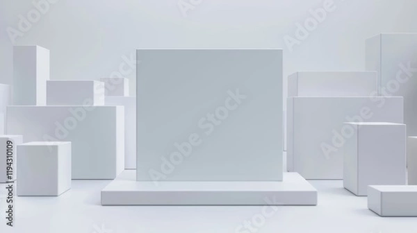 Fototapeta Minimalist white boxes on a soft gray backdrop.