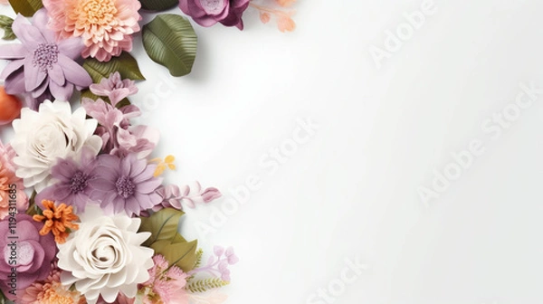 Fototapeta Blue peach and white flowers on taupe background with diffused sunlight Photorealistic of a cute flower corner frame on white background with roses

