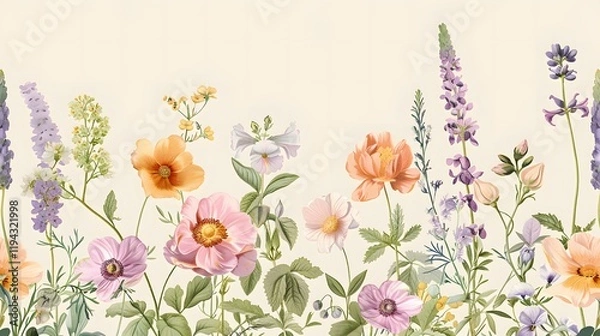 Fototapeta illustration of various plants, background with natural theme, colorful flowers with copy scape