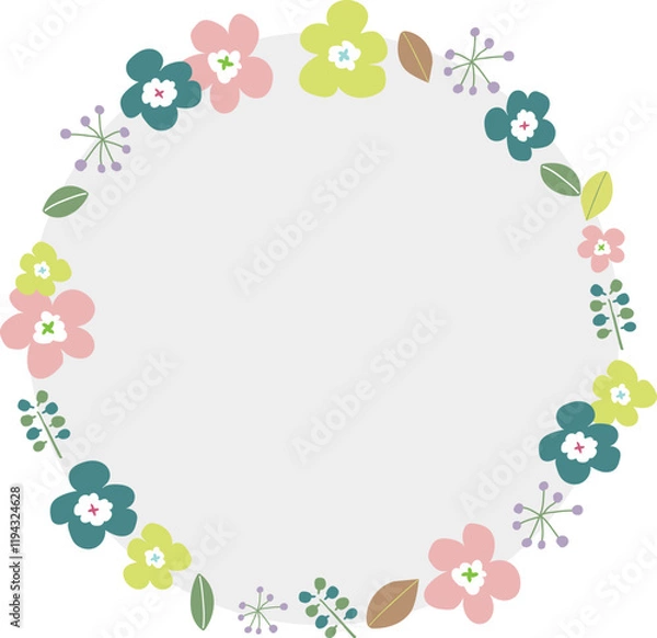 Fototapeta 北欧風のお花のフレームH06　お花と葉っぱの円形フレーム