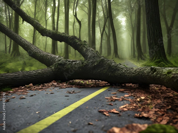 Fototapeta Large fallen tree blocking road