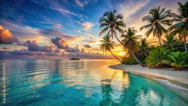 Fototapeta A romantic beach at sunset with palm trees and clear turquoise waters, turquoise water