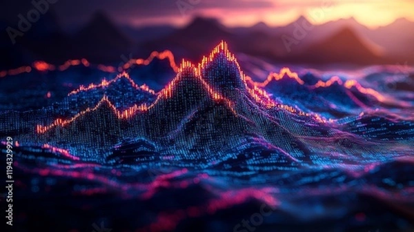 Fototapeta Data peak sunset landscape, digital mountain range, abstract visualization, technology background
