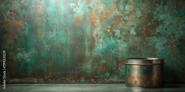 Fototapeta Rustic patina backdrop featuring a weathered metallic container ideal for product display or design inspiration.