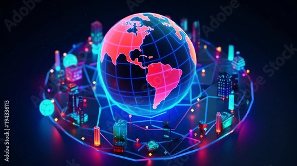 Fototapeta Abstract digital globe with global network connections and images of media content floating around it a business and connectivity technology background 
