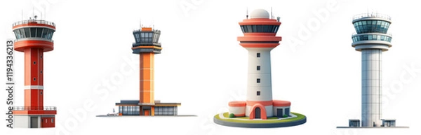 Fototapeta Colorful Airport Control Towers Isolated on Transparent Background