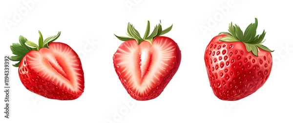 Fototapeta Set of three whole and sliced strawberries isolated on a transparent background png