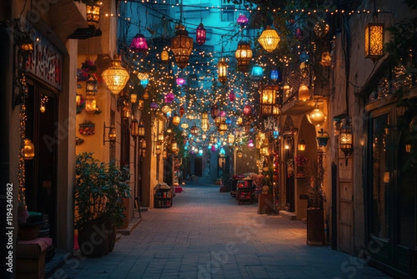 Fototapeta City street with lanterns hanging from ceiling, casting soft light on cobblestones below, creating a cozy and inviting atmosphere for pedestrians.