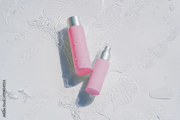 Obraz 水背景にピンクスキンケアボトル