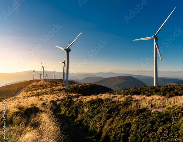 Fototapeta A conceptual representation of renewable energy with wind turbines.