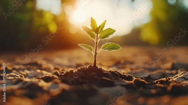 Fototapeta Vibrant Sunrise Nature Scene with Sprouting Plant in Soil, Perfect for Eco-Friendly Branding or Environmental Campaigns