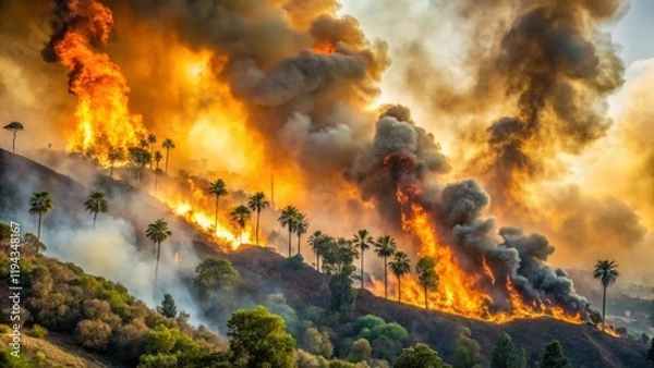 Fototapeta Dramatic Wildfire Consumes Forest and Palm Trees