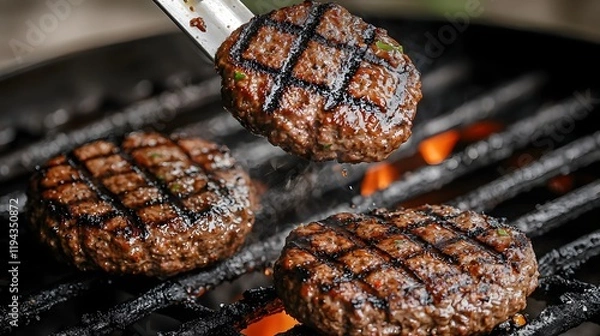 Obraz Close up of a metal spatula flipping and turning a sizzling char grilled burger patty on the hot grates of an outdoor barbecue grill
