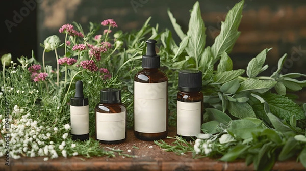 Obraz Natural skincare products such as essential oils serums and tinctures surrounded by fresh green herbs flowers and leaves for a homemade eco friendly and holistic beauty routine
