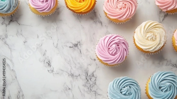 Obraz Colorful Cupcakes with Whipped Icing on Elegant Marble Surface for Gourmet Dessert Background