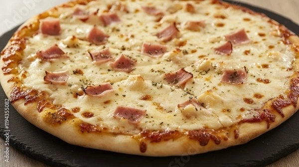 Fototapeta Delicious Cheese Pizza Topped with Mozzarella Ham and Oregano on a Stone Plate Ready to Serve