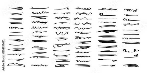 Fototapeta Set of handmade lines, brush lines, underlines. Hand-drawn collection of doodle style various shapes. Lettering Art Lines. Isolated on white. Vector