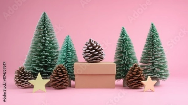 Fototapeta Festive flat lay of gift box surrounded by pine cones and decorative trees on a pink background for holiday celebrations and seasonal cheer