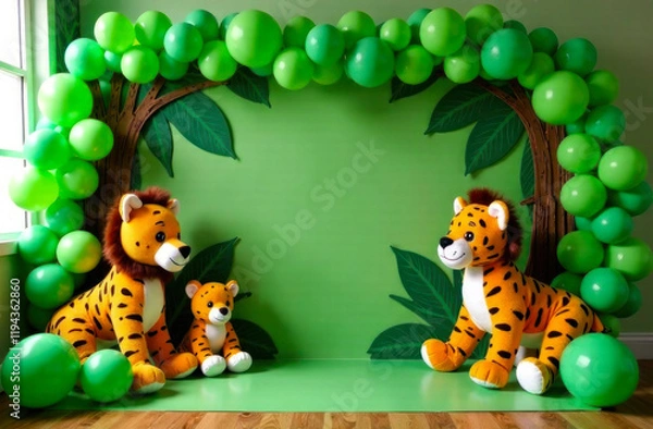Fototapeta A lively setup showcases plush tigers surrounded by green balloons and foliage, creating a cheerful atmosphere