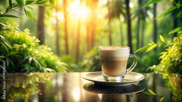 Fototapeta Serene Latte in a Tranquil Garden Setting, Sunlight Dappling Through Lush Foliage
